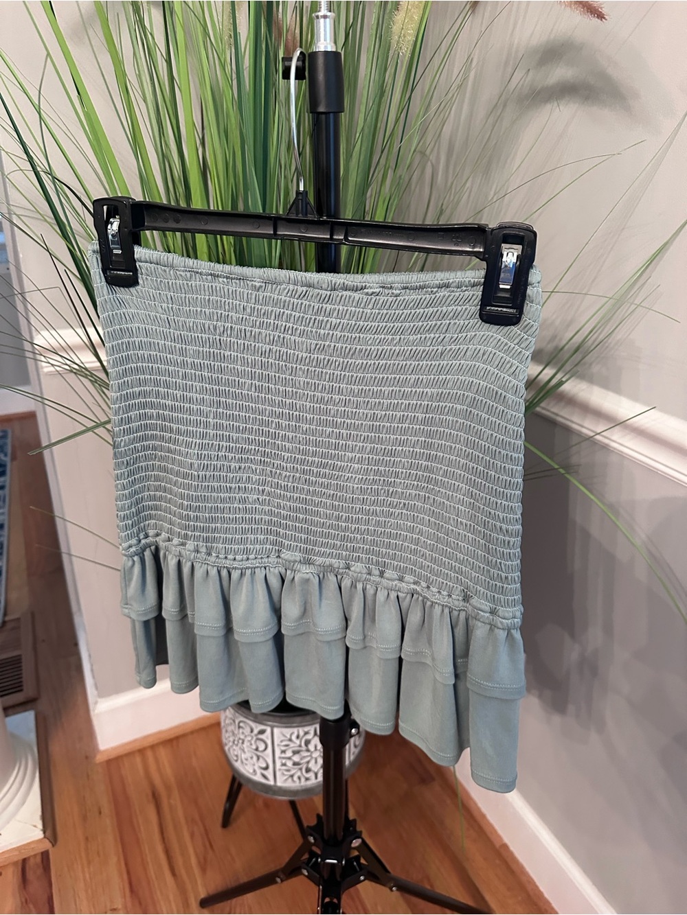 Privacy Please Sage Green Smocked Ruffle Mini Skirt